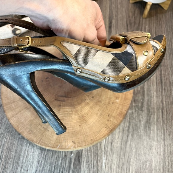 *Burberry | Nova Check Wooden Clog Slingback Peep Toe Heels Size 39/9 - Picture 14 of 16
